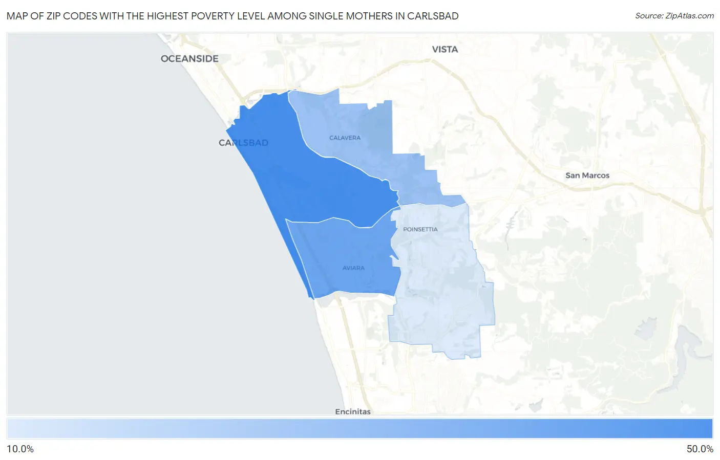 Zip Codes with the Highest Poverty Level Among Single Mothers in Carlsbad Map
