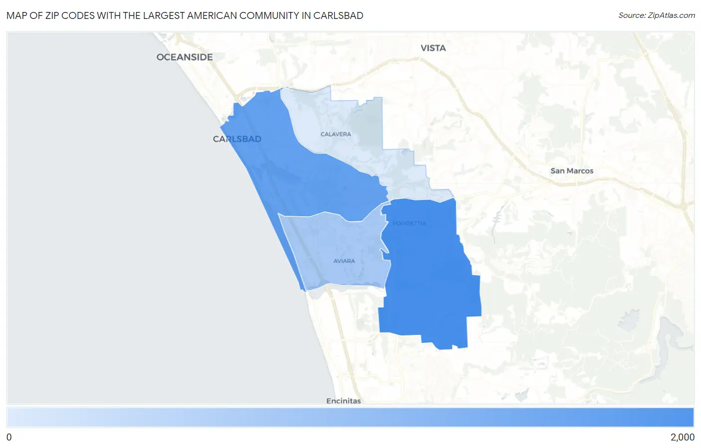 Zip Codes with the Largest American Community in Carlsbad Map