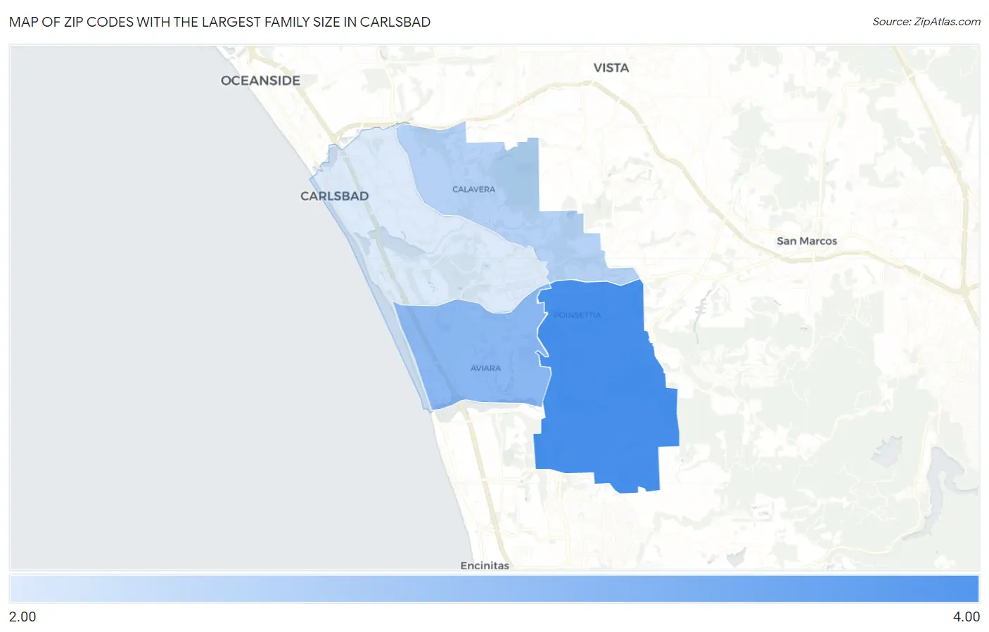 Zip Codes with the Largest Family Size in Carlsbad Map