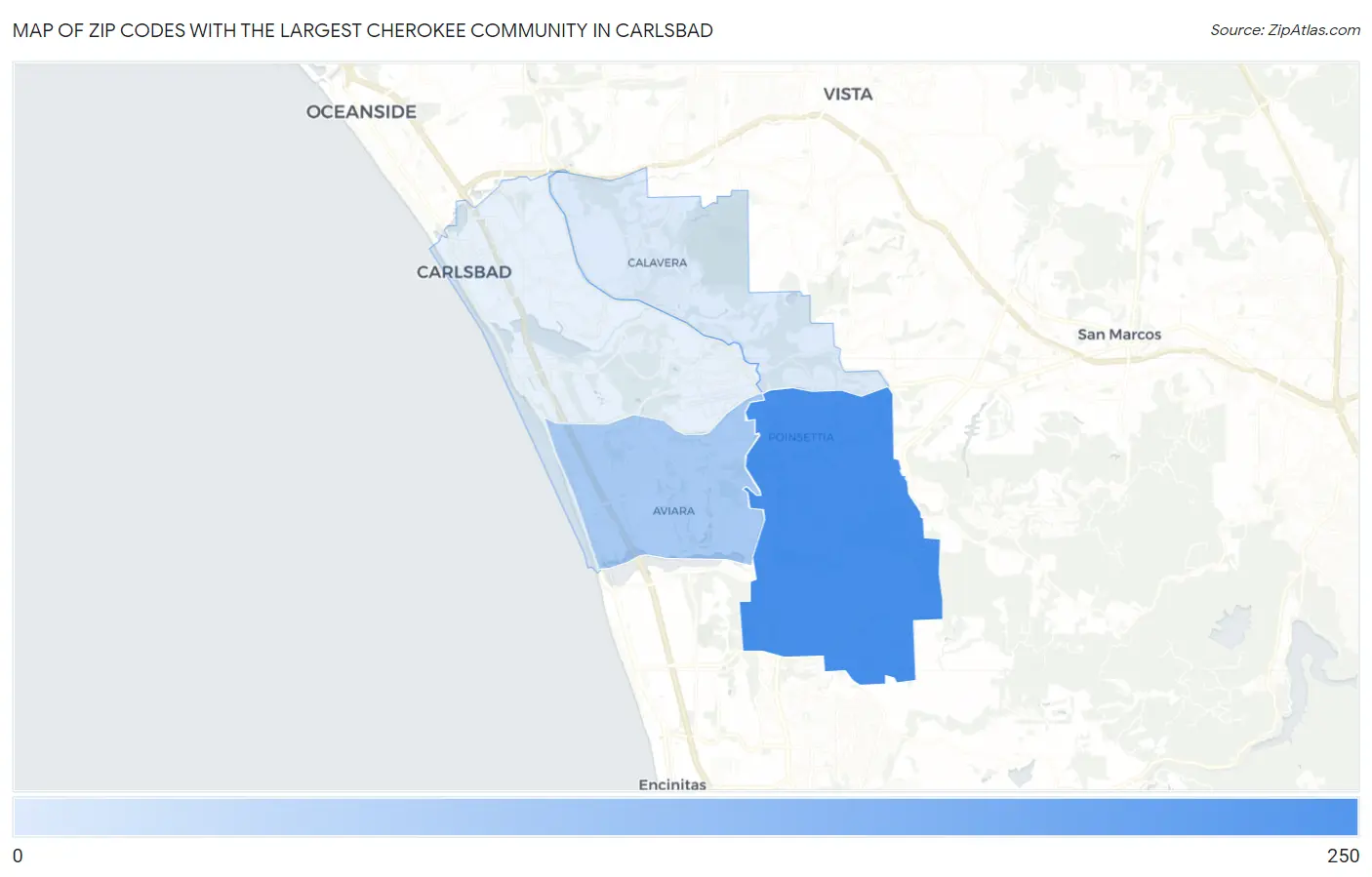 Zip Codes with the Largest Cherokee Community in Carlsbad Map