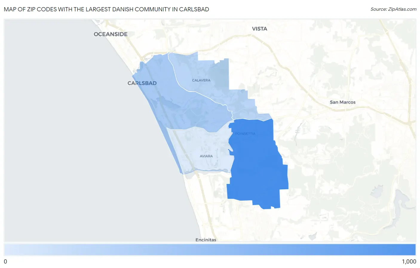 Zip Codes with the Largest Danish Community in Carlsbad Map