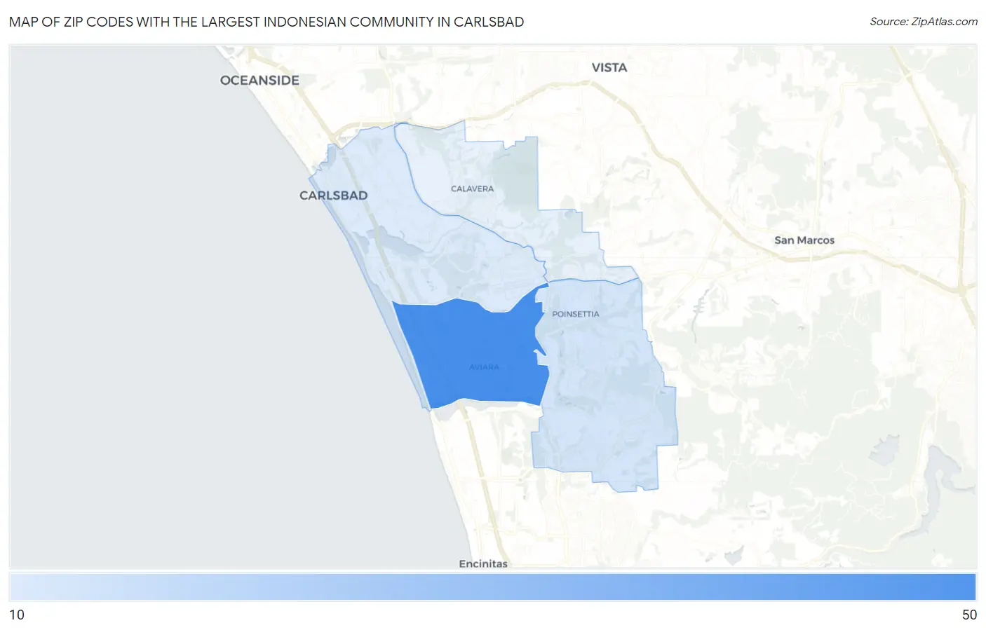 Zip Codes with the Largest Indonesian Community in Carlsbad Map