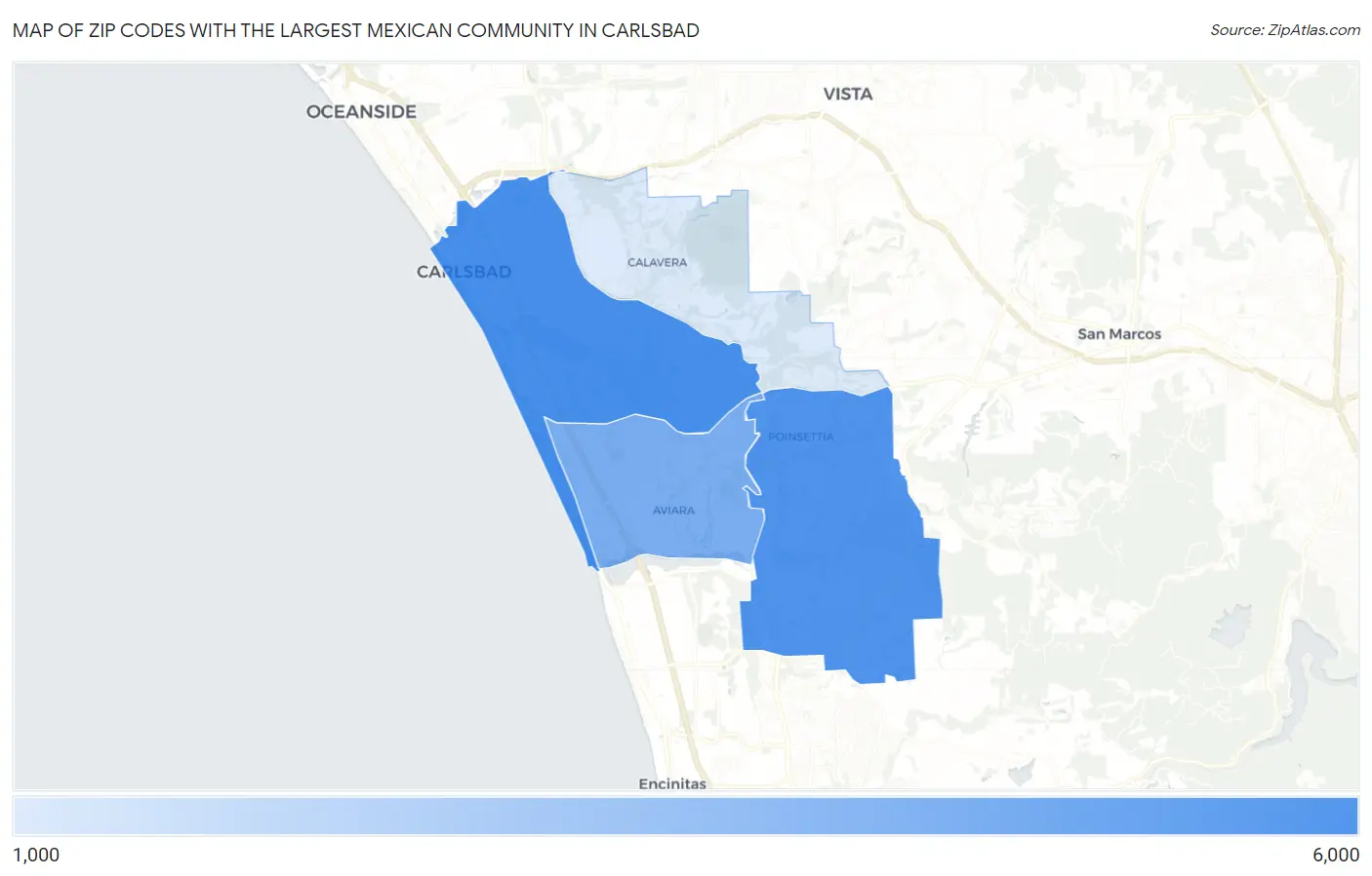 Zip Codes with the Largest Mexican Community in Carlsbad Map