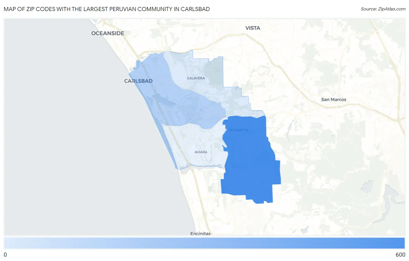 Zip Codes with the Largest Peruvian Community in Carlsbad Map