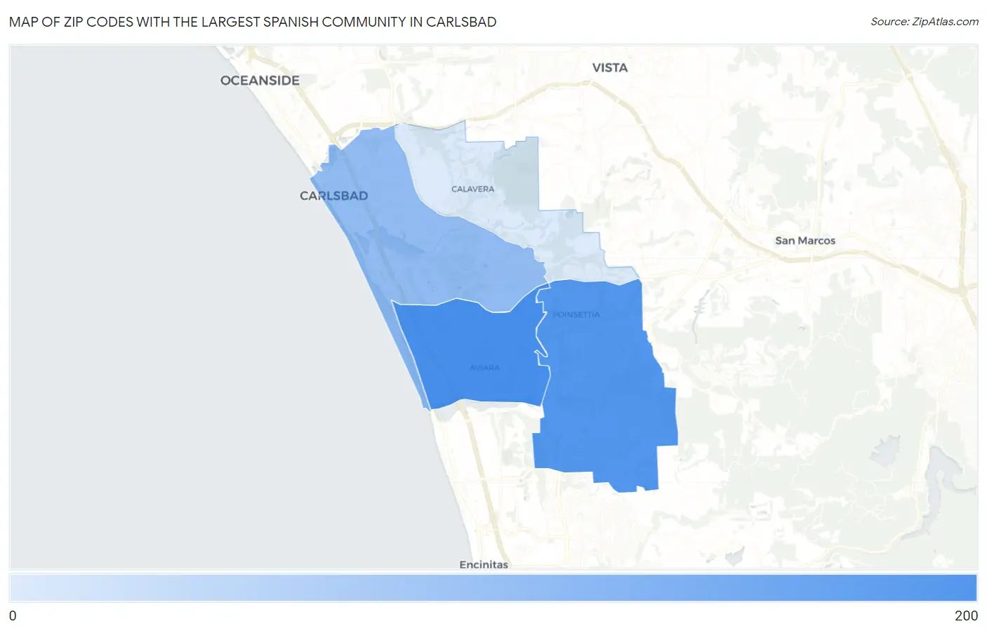 Zip Codes with the Largest Spanish Community in Carlsbad Map