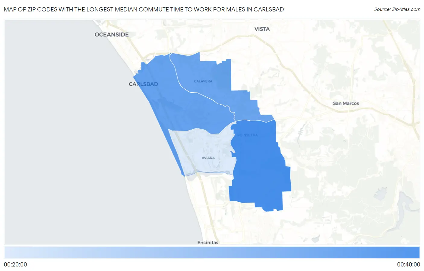 Zip Codes with the Longest Median Commute Time to Work for Males in Carlsbad Map