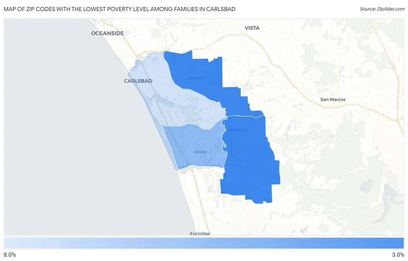Zip Codes with the Lowest Poverty Level Among Families in Carlsbad Map