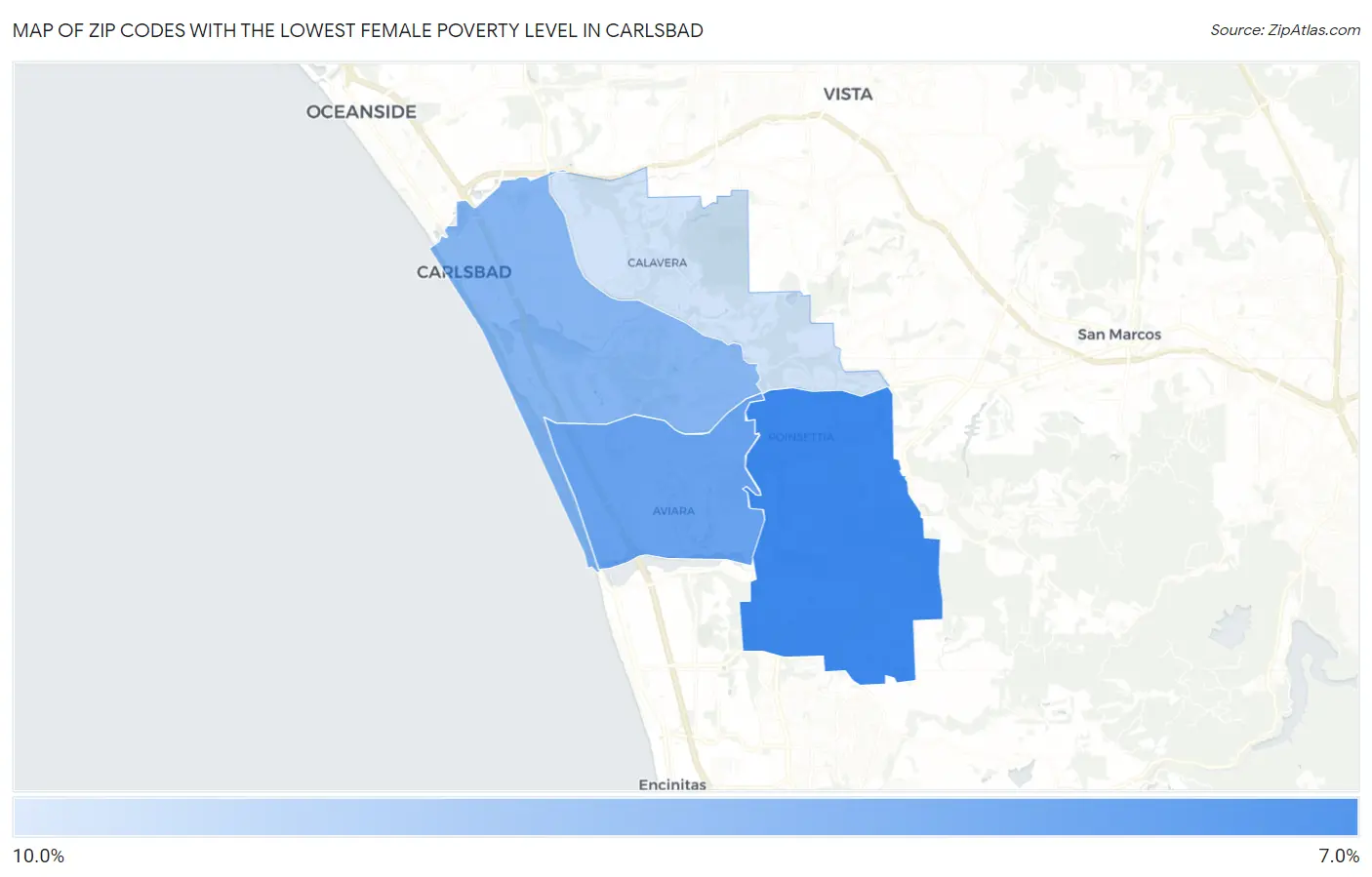 Zip Codes with the Lowest Female Poverty Level in Carlsbad Map
