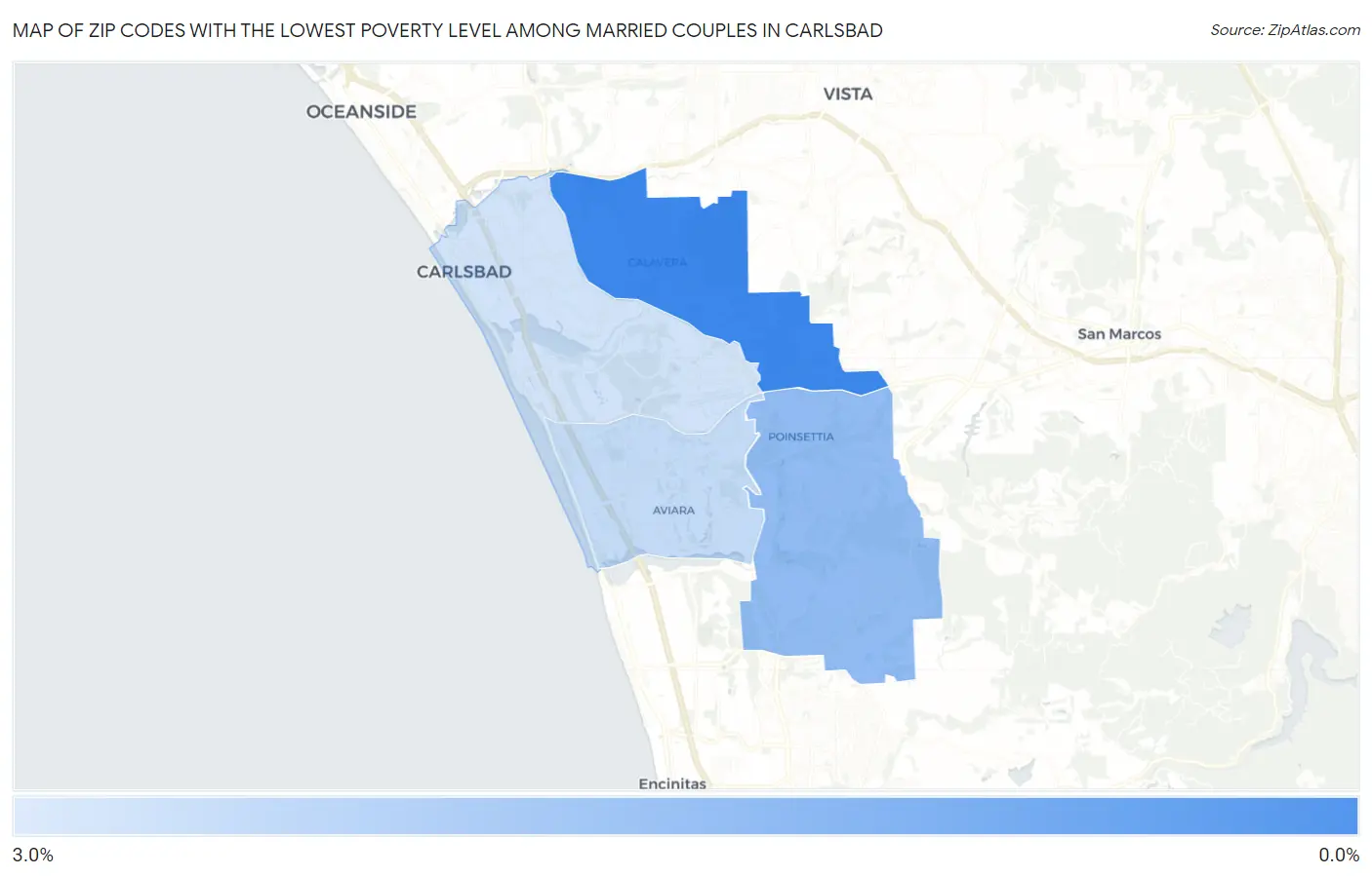 Zip Codes with the Lowest Poverty Level Among Married Couples in Carlsbad Map