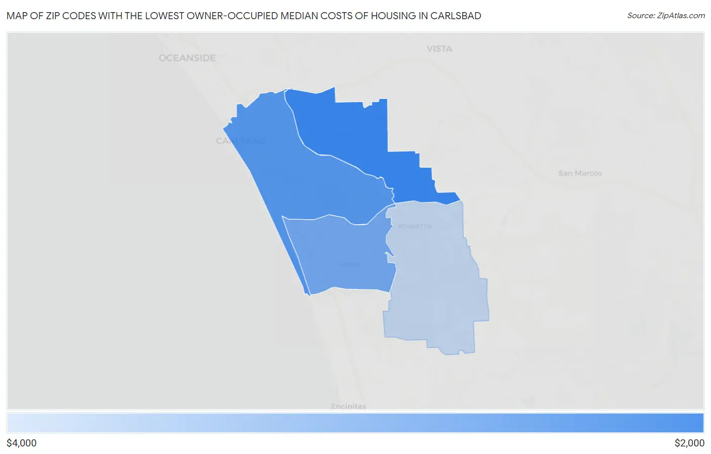 Zip Codes with the Lowest Owner-Occupied Median Costs of Housing in Carlsbad Map