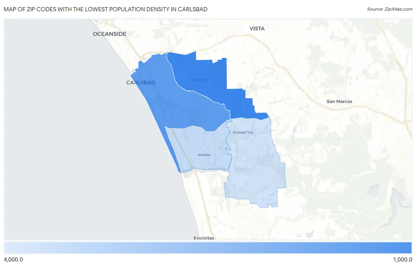 Zip Codes with the Lowest Population Density in Carlsbad Map