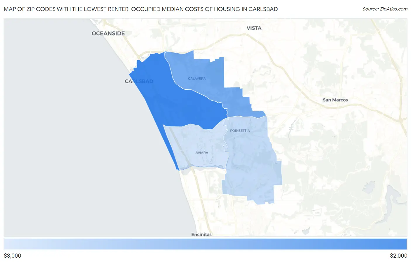Zip Codes with the Lowest Renter-Occupied Median Costs of Housing in Carlsbad Map