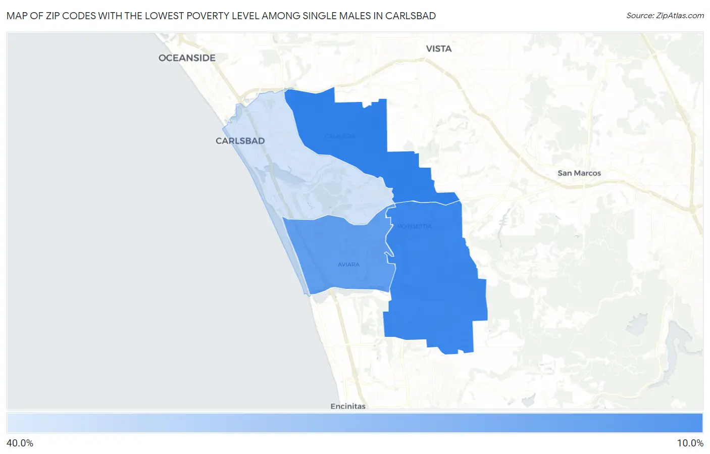 Zip Codes with the Lowest Poverty Level Among Single Males in Carlsbad Map