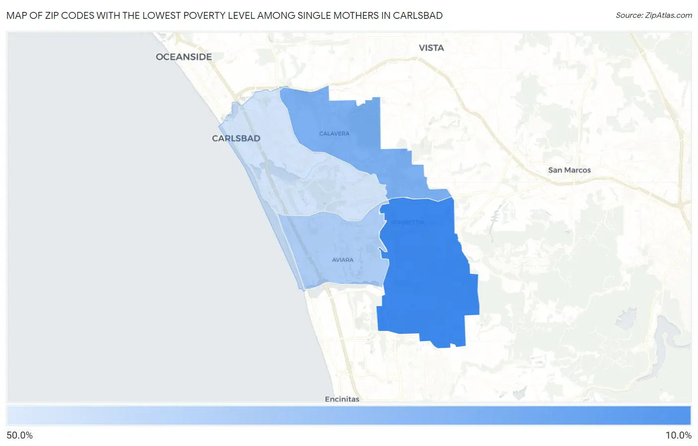 Zip Codes with the Lowest Poverty Level Among Single Mothers in Carlsbad Map