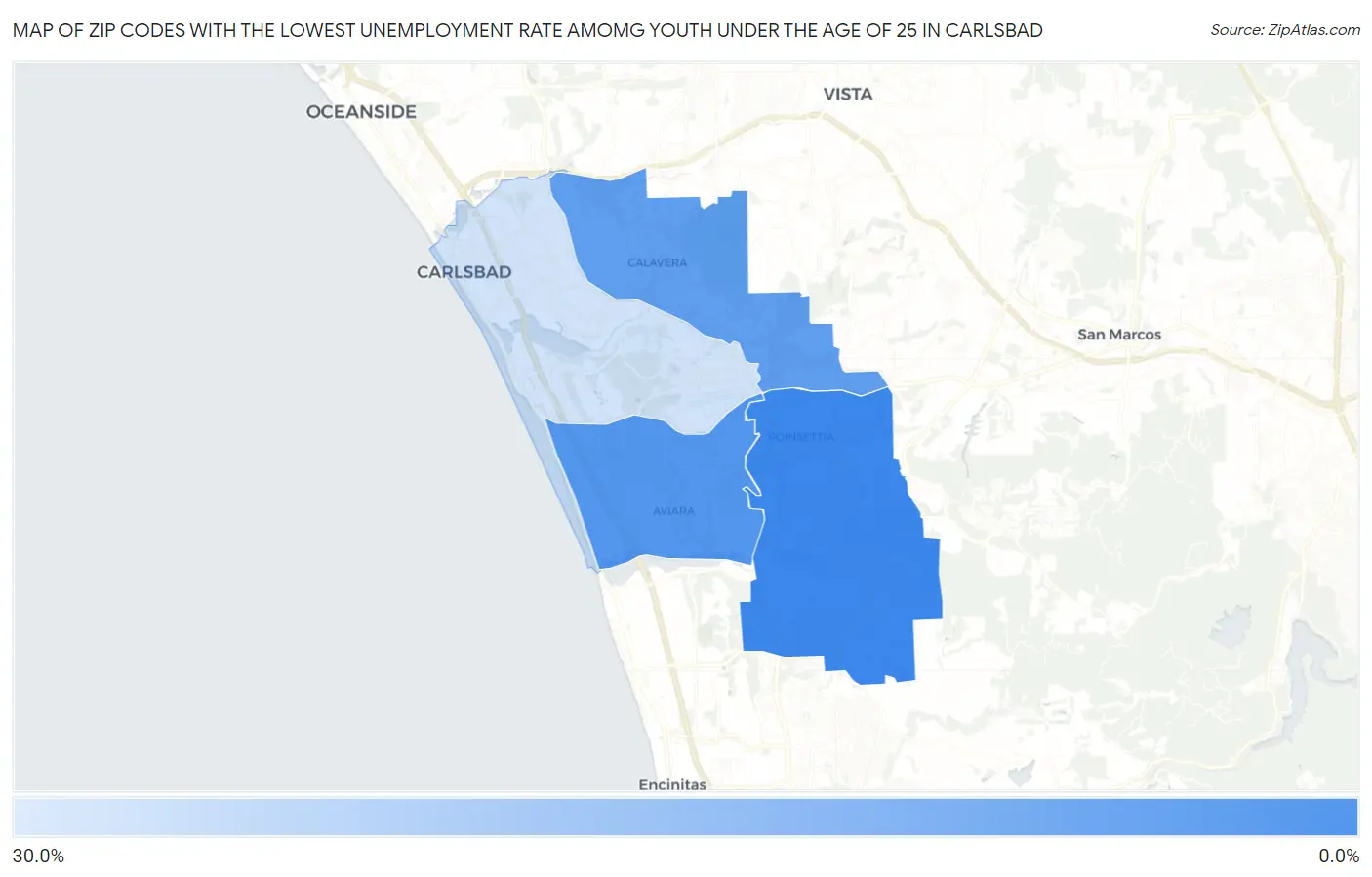 Zip Codes with the Lowest Unemployment Rate Amomg Youth Under the Age of 25 in Carlsbad Map