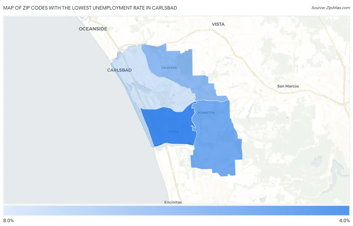 Zip Codes with the Lowest Unemployment Rate in Carlsbad Map
