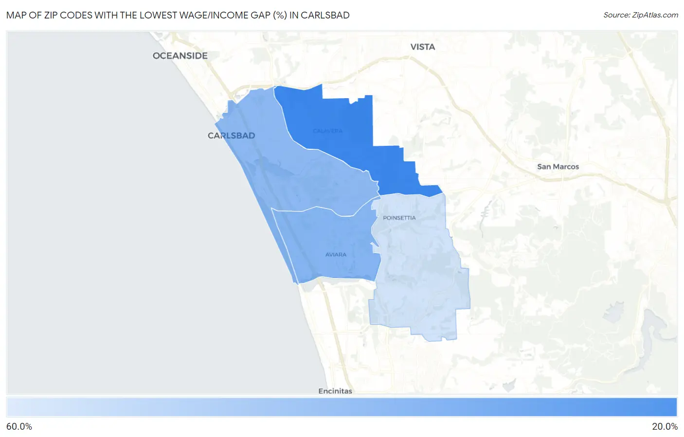 Zip Codes with the Lowest Wage/Income Gap (%) in Carlsbad Map