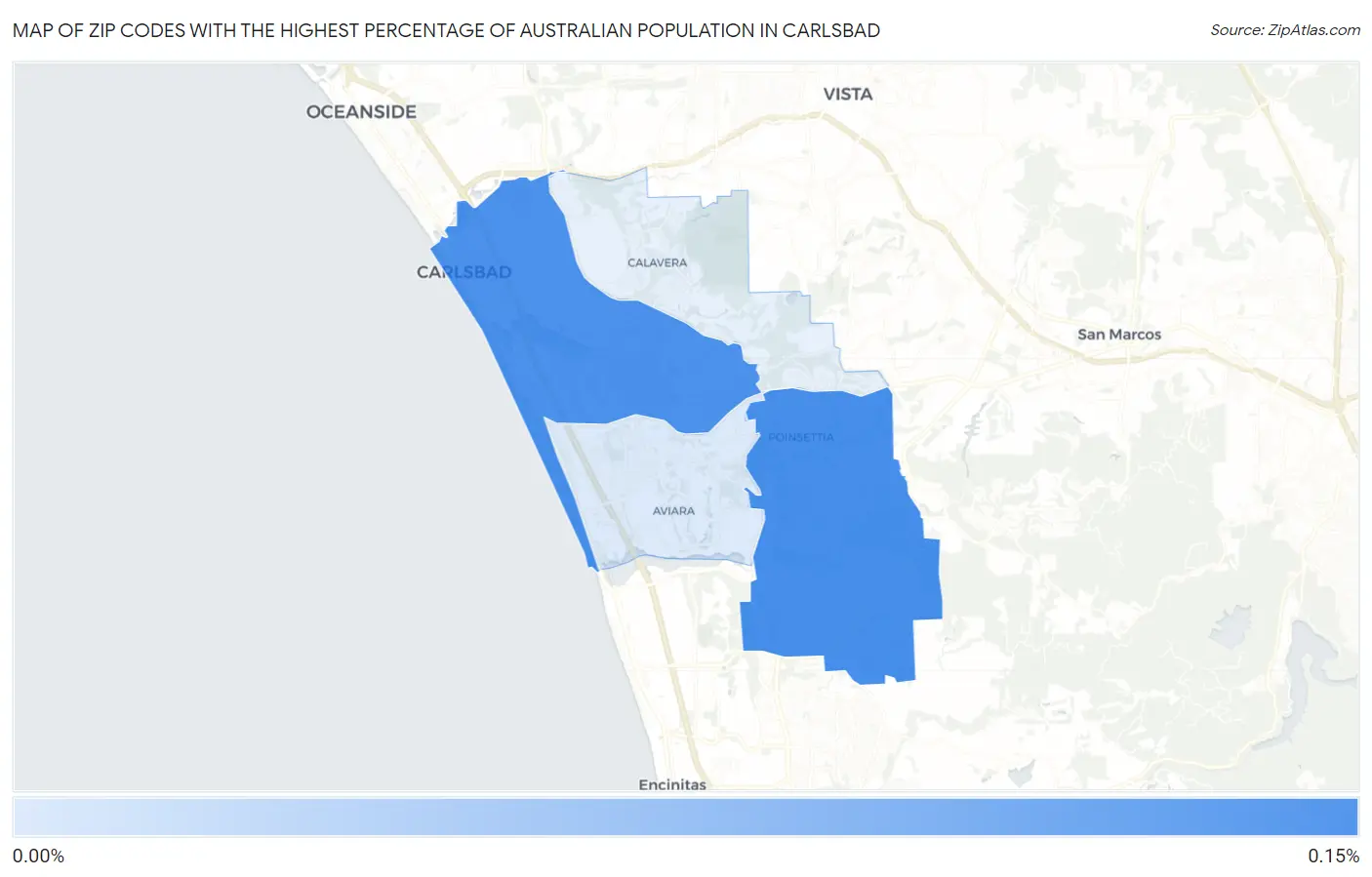 Zip Codes with the Highest Percentage of Australian Population in Carlsbad Map