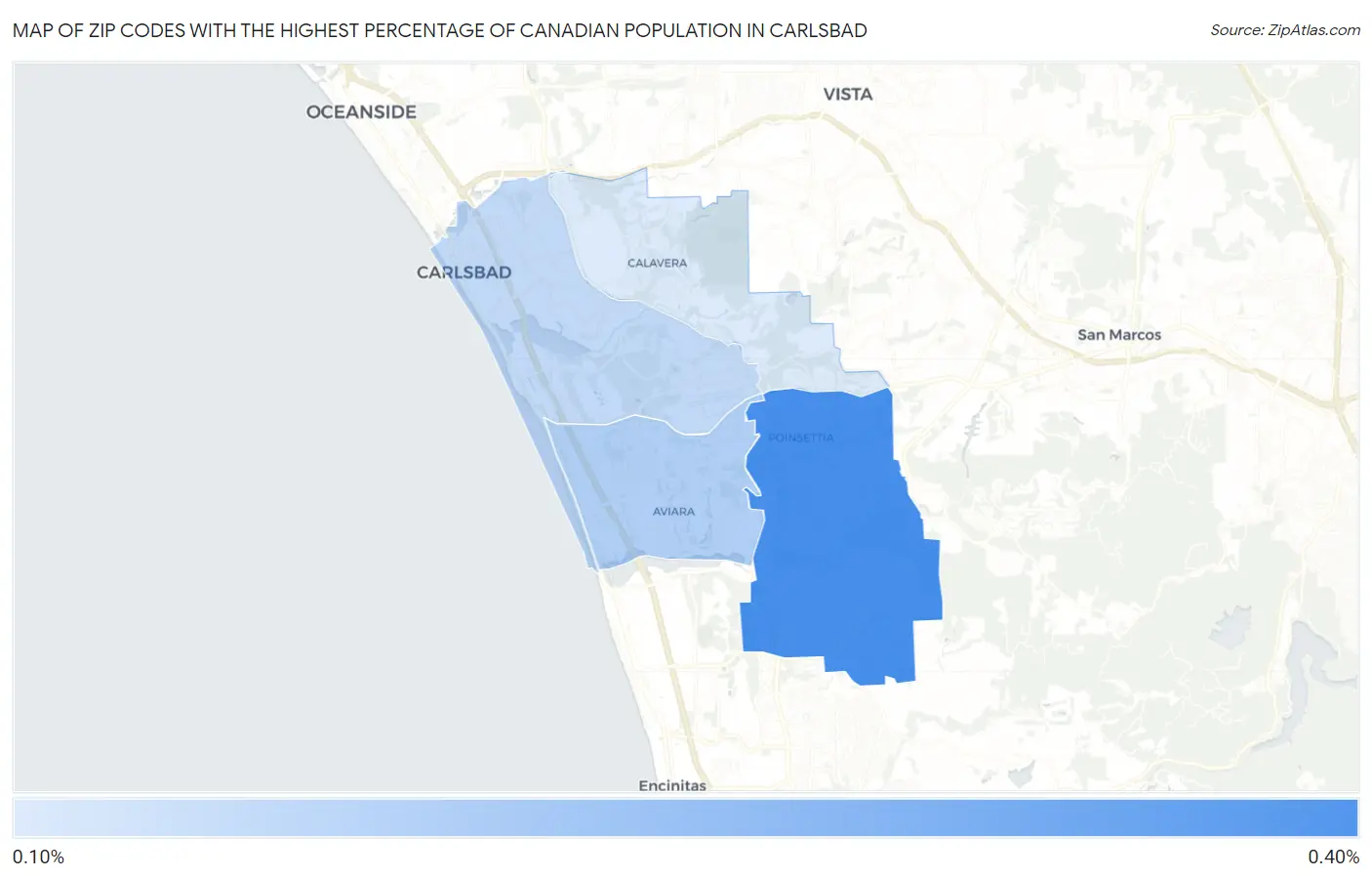 Zip Codes with the Highest Percentage of Canadian Population in Carlsbad Map