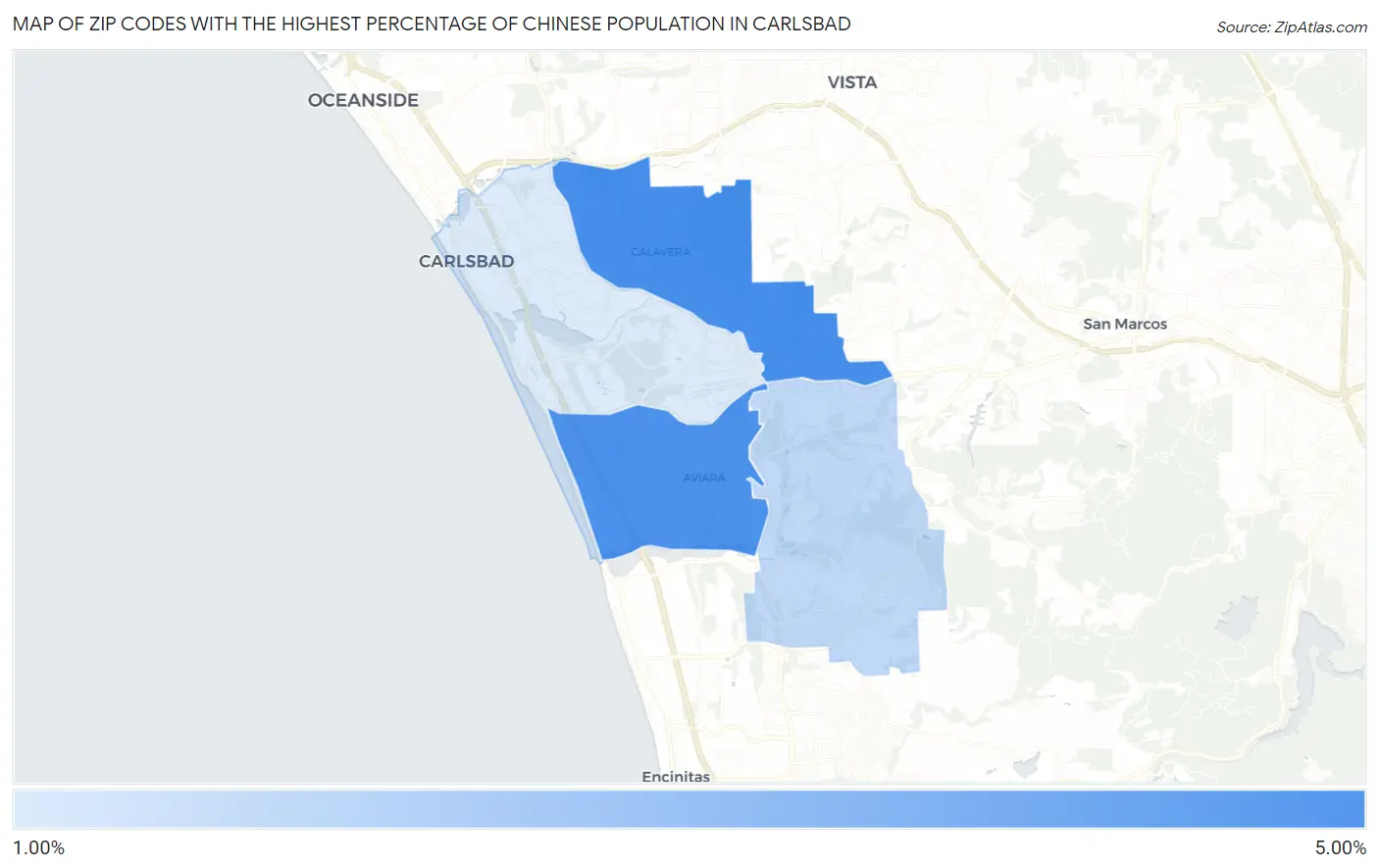 Zip Codes with the Highest Percentage of Chinese Population in Carlsbad Map
