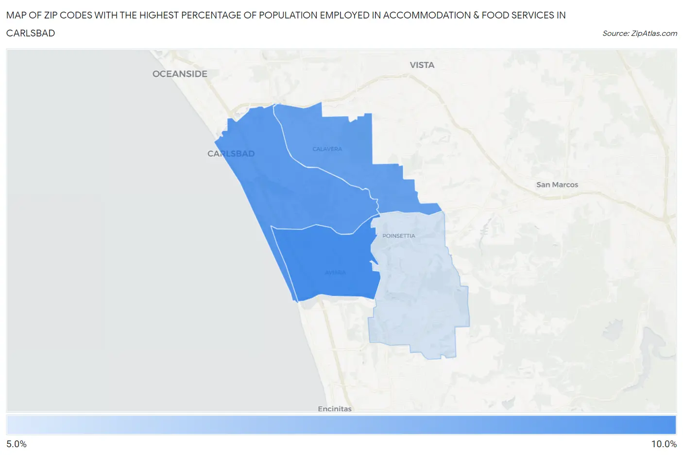 Zip Codes with the Highest Percentage of Population Employed in Accommodation & Food Services in Carlsbad Map