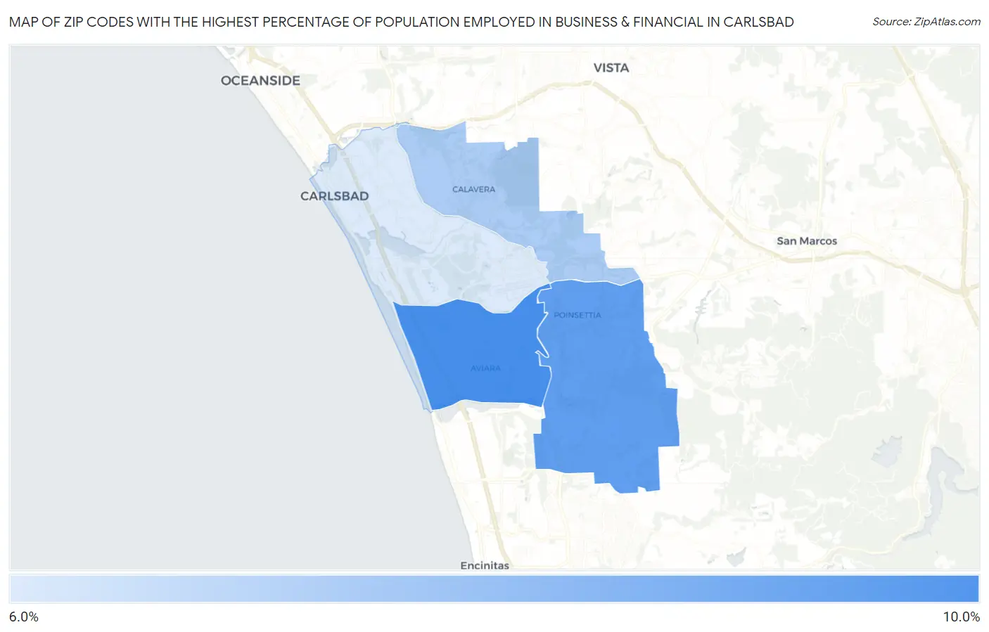 Zip Codes with the Highest Percentage of Population Employed in Business & Financial in Carlsbad Map
