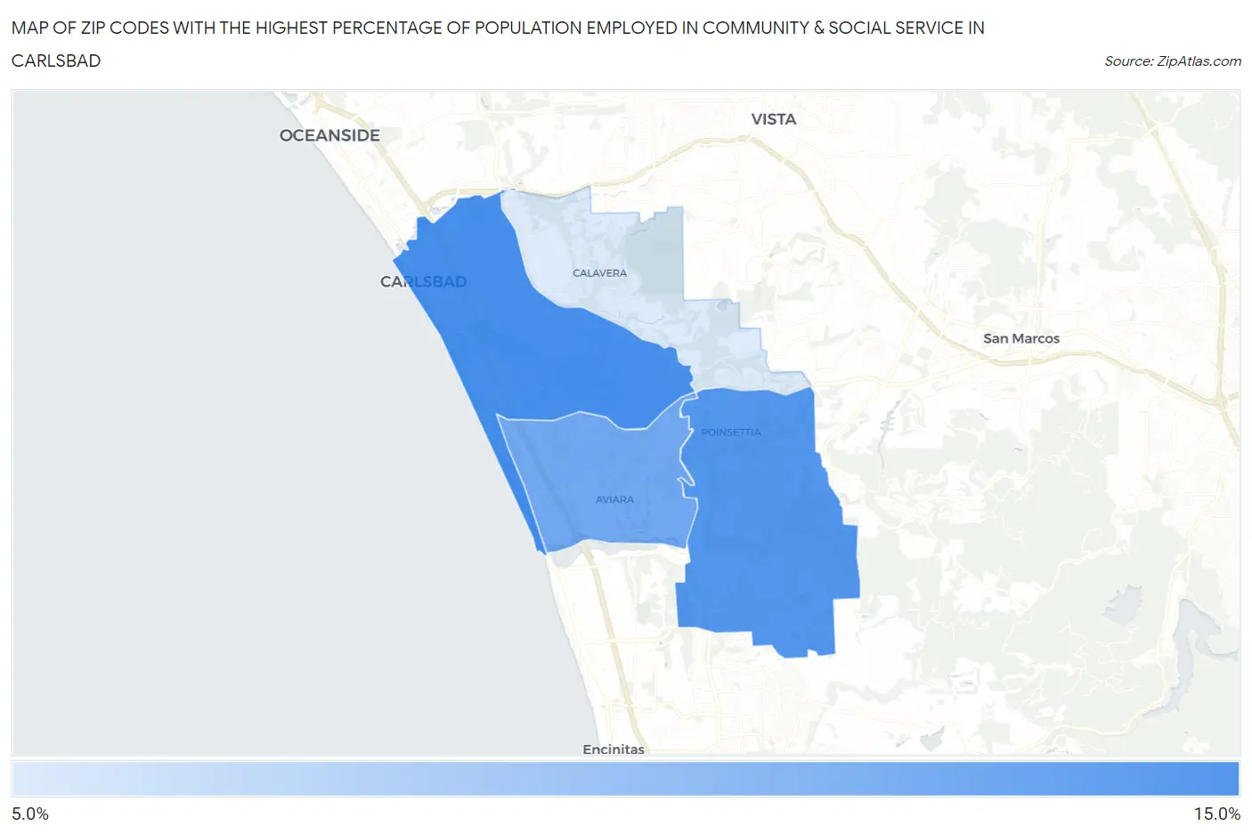 Zip Codes with the Highest Percentage of Population Employed in Community & Social Service  in Carlsbad Map
