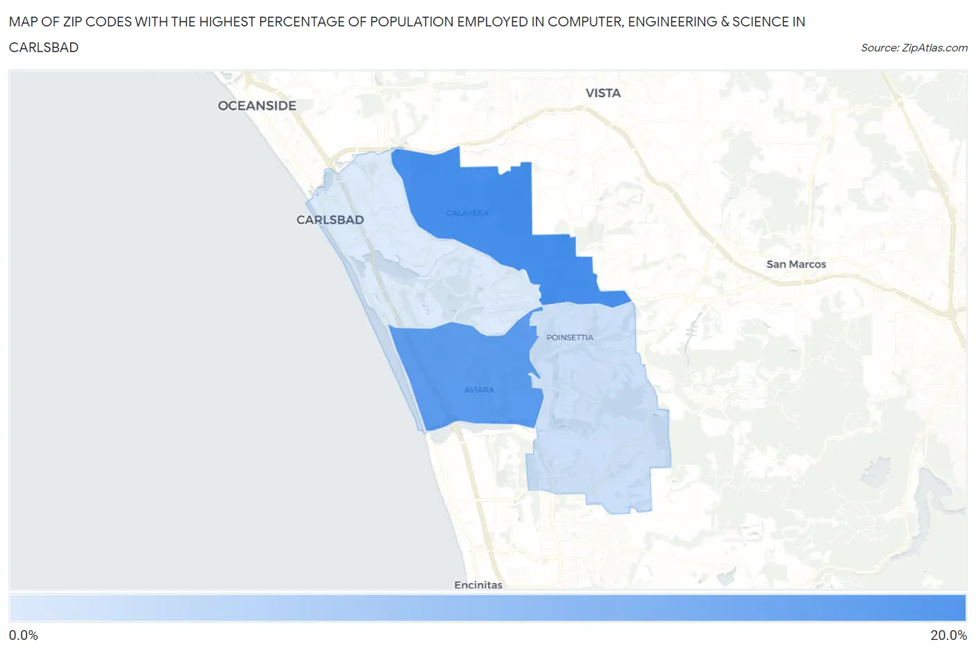 Zip Codes with the Highest Percentage of Population Employed in Computer, Engineering & Science in Carlsbad Map