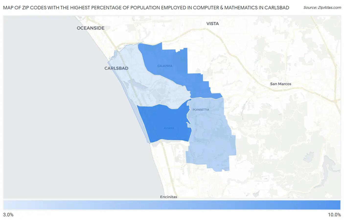 Zip Codes with the Highest Percentage of Population Employed in Computer & Mathematics in Carlsbad Map