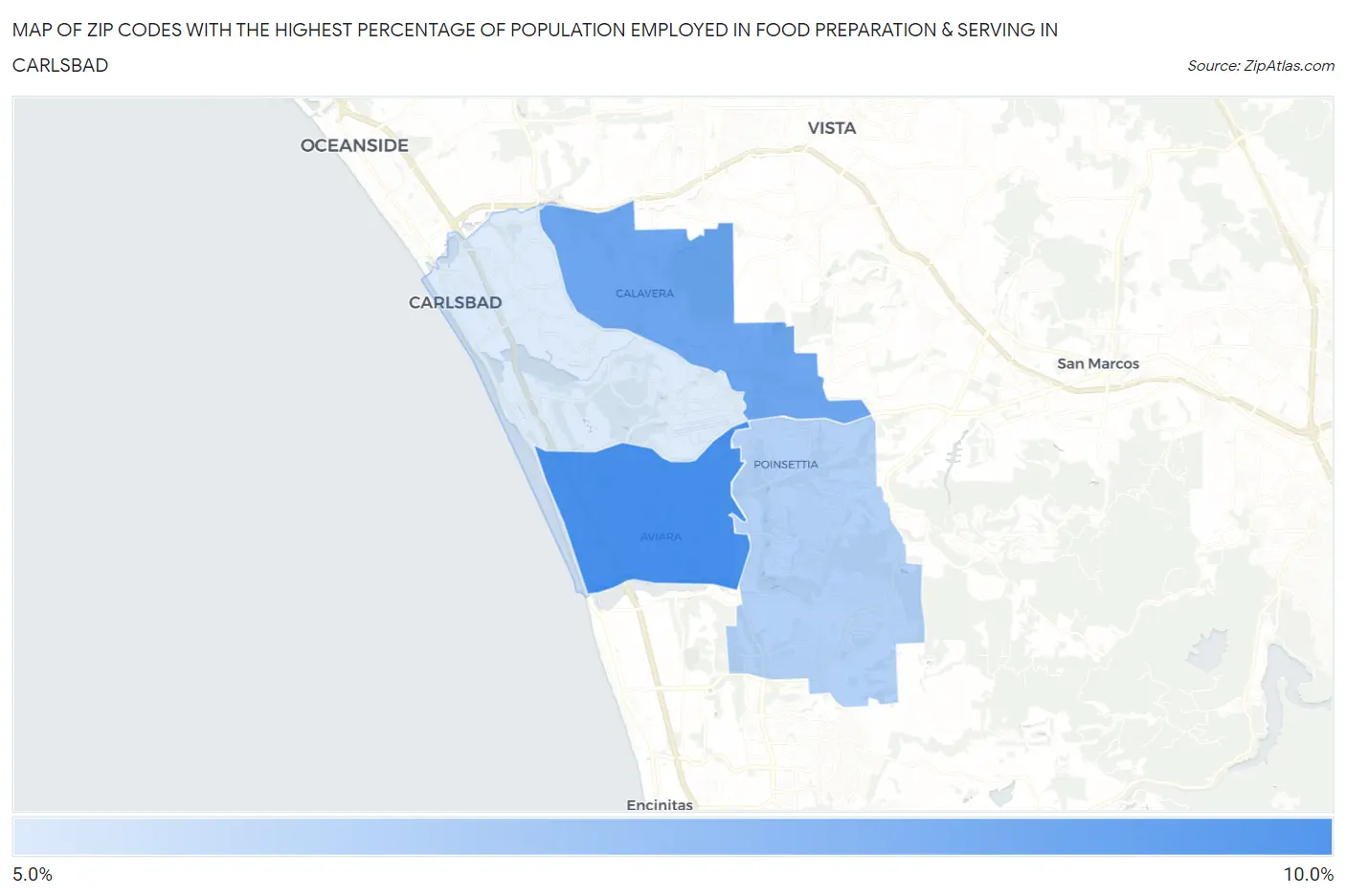 Zip Codes with the Highest Percentage of Population Employed in Food Preparation & Serving in Carlsbad Map