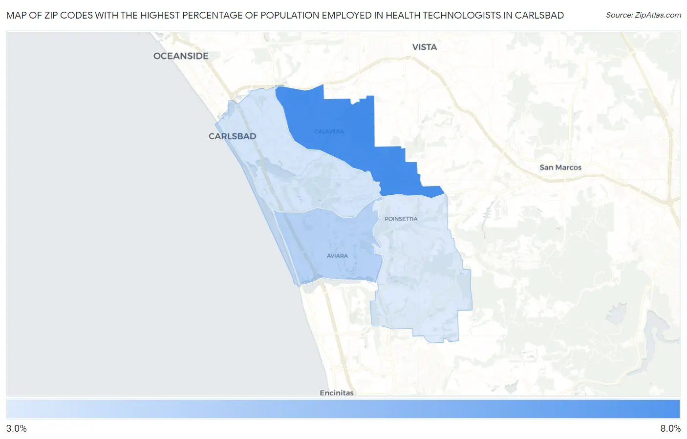 Zip Codes with the Highest Percentage of Population Employed in Health Technologists in Carlsbad Map
