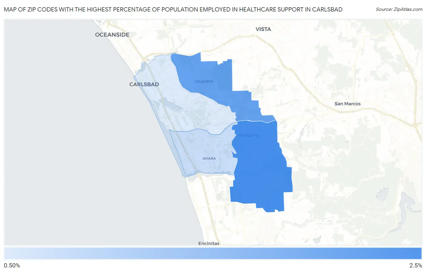Zip Codes with the Highest Percentage of Population Employed in Healthcare Support in Carlsbad Map