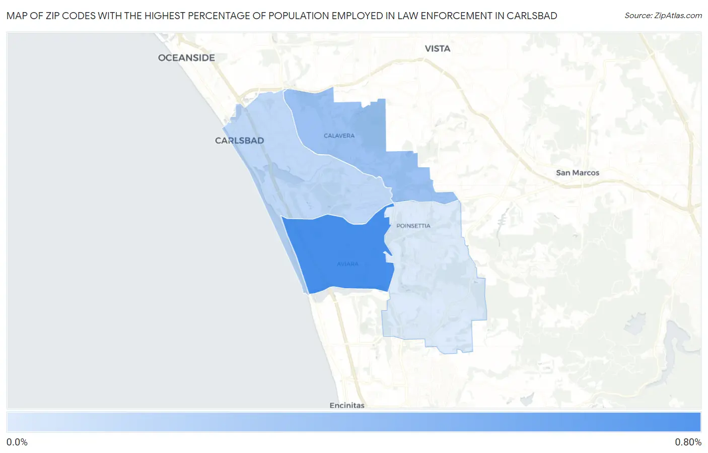 Zip Codes with the Highest Percentage of Population Employed in Law Enforcement in Carlsbad Map