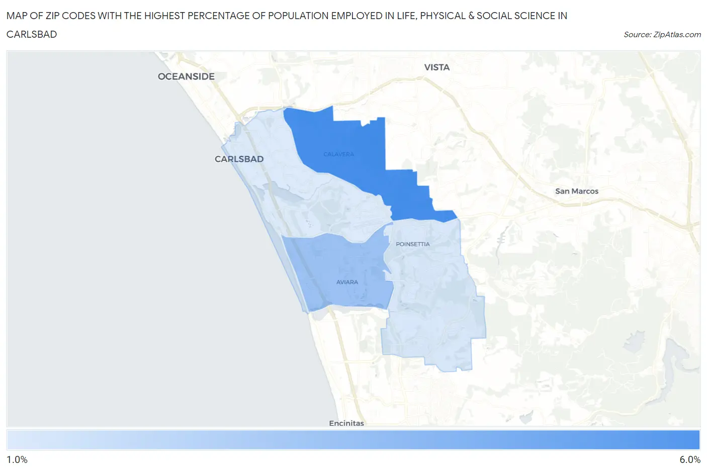 Zip Codes with the Highest Percentage of Population Employed in Life, Physical & Social Science in Carlsbad Map