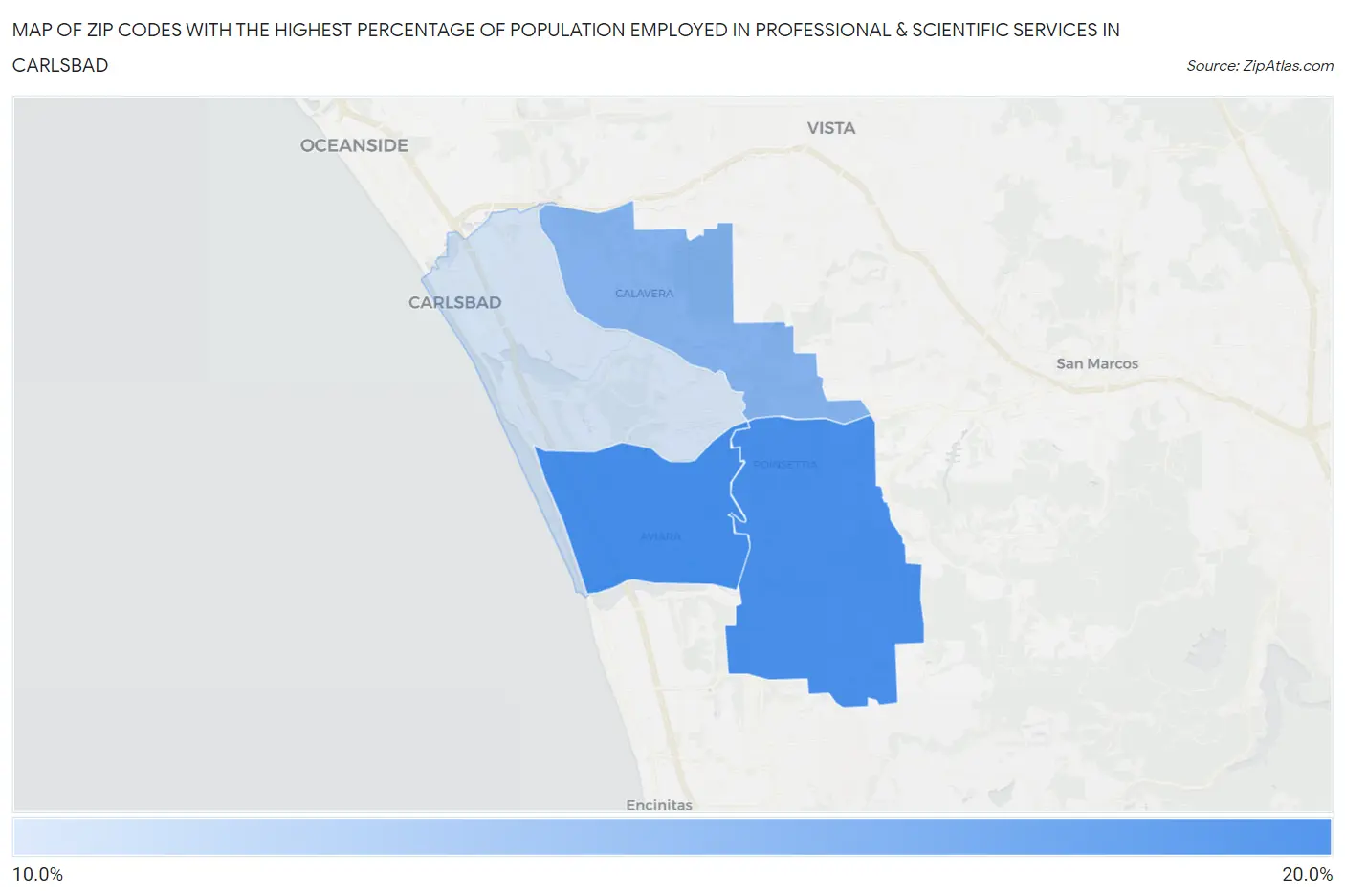 Zip Codes with the Highest Percentage of Population Employed in Professional & Scientific Services in Carlsbad Map