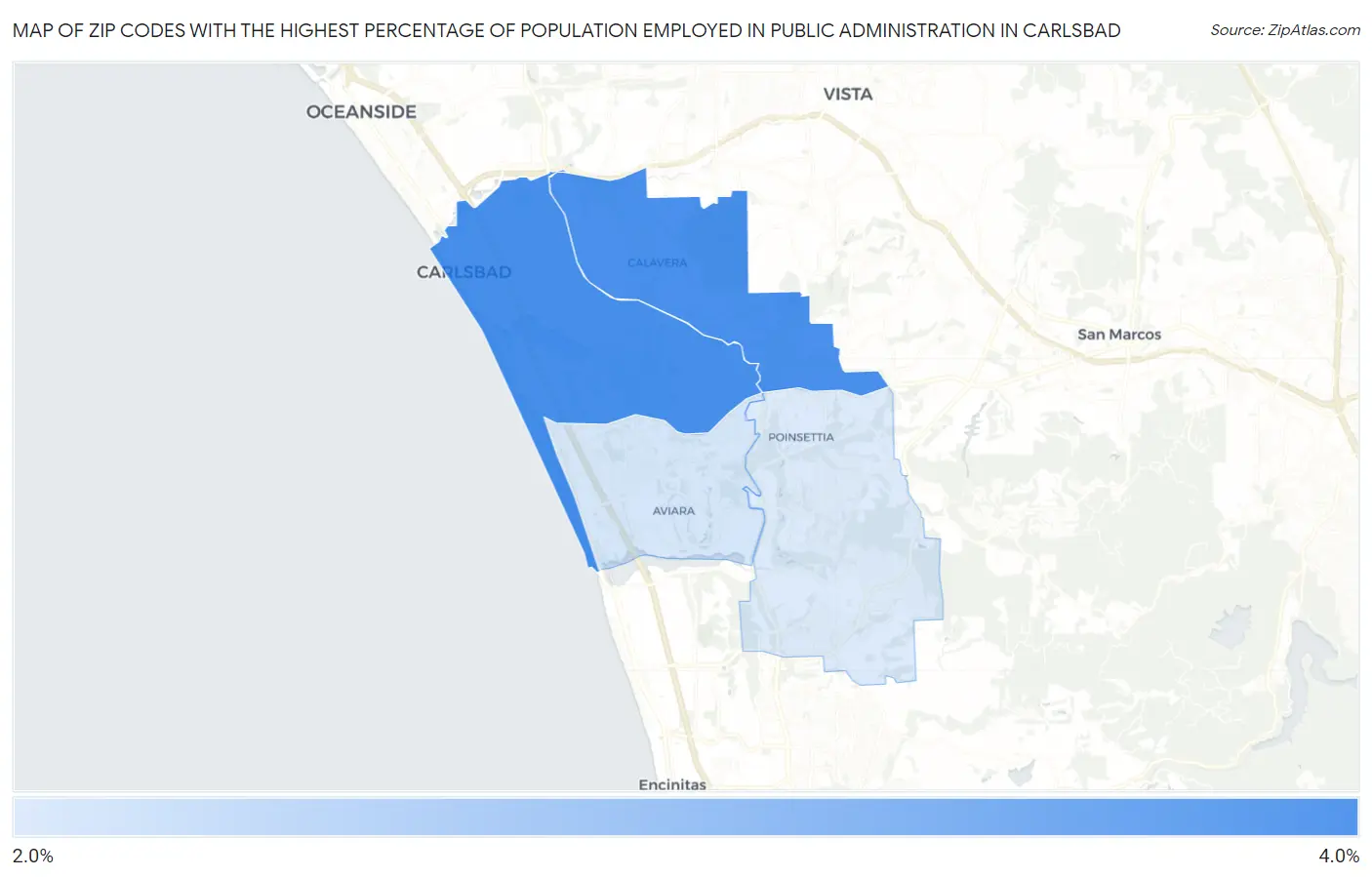Zip Codes with the Highest Percentage of Population Employed in Public Administration in Carlsbad Map