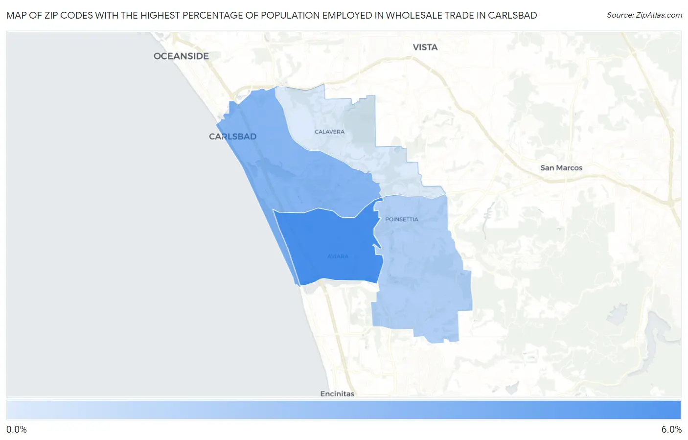 Zip Codes with the Highest Percentage of Population Employed in Wholesale Trade in Carlsbad Map