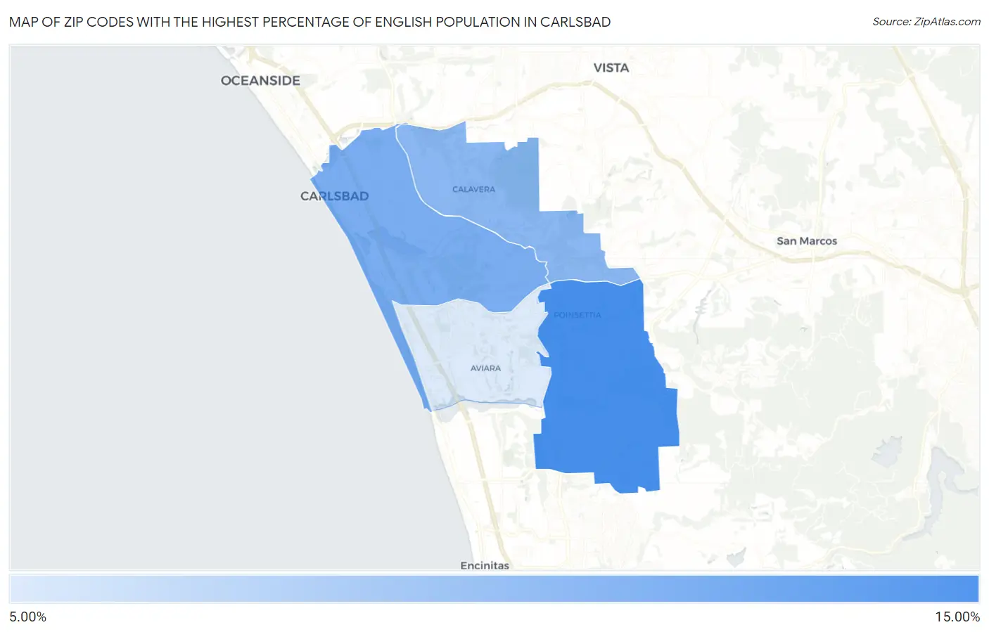 Zip Codes with the Highest Percentage of English Population in Carlsbad Map