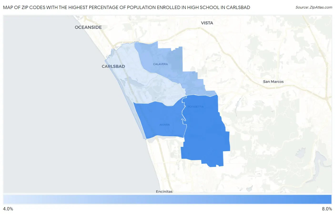 Zip Codes with the Highest Percentage of Population Enrolled in High School in Carlsbad Map