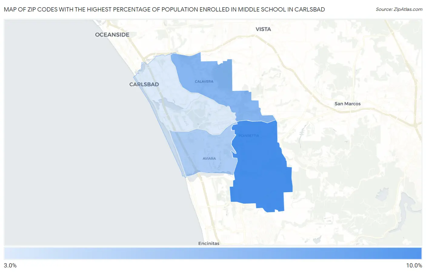 Zip Codes with the Highest Percentage of Population Enrolled in Middle School in Carlsbad Map