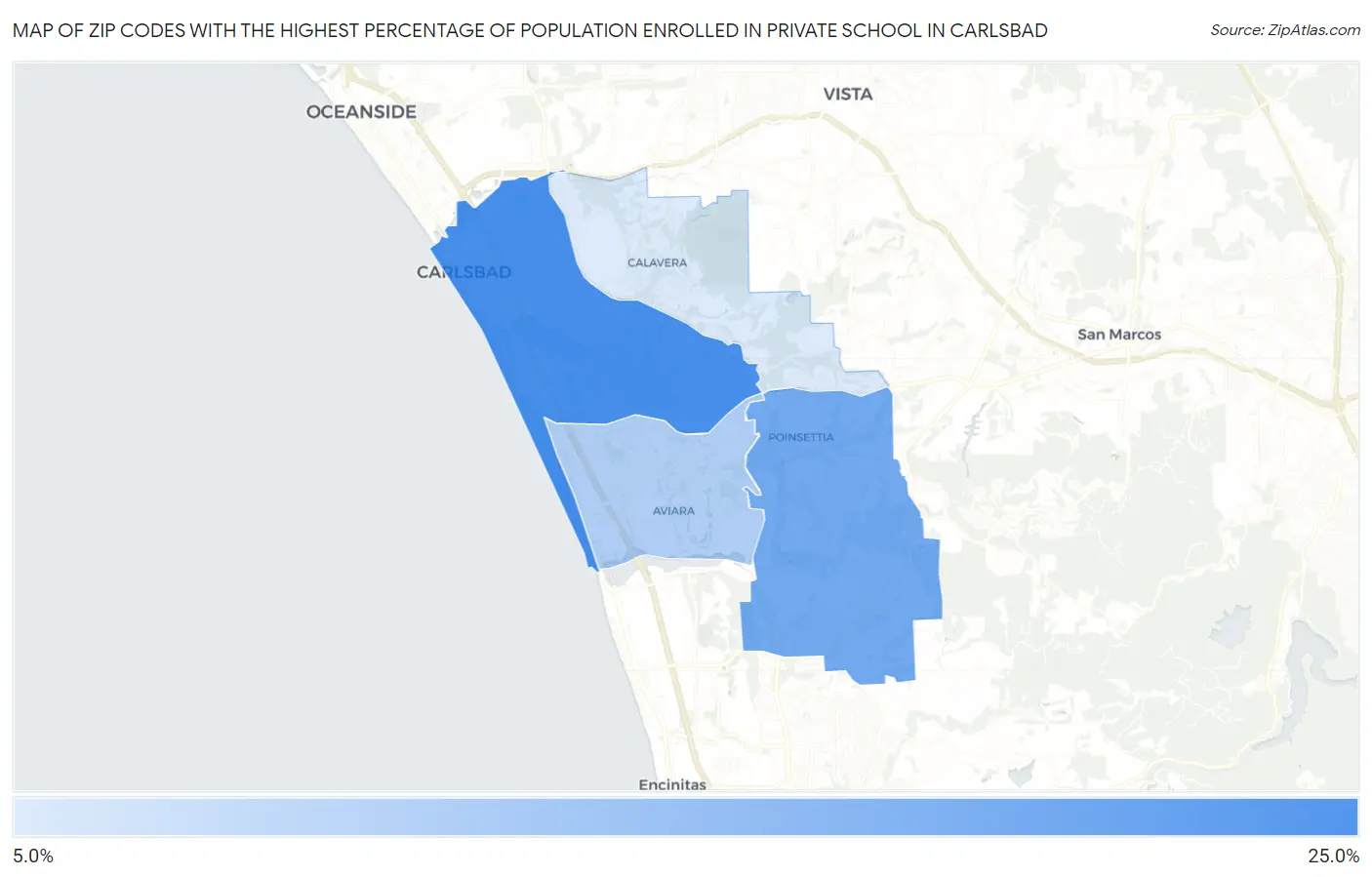 Zip Codes with the Highest Percentage of Population Enrolled in Private School in Carlsbad Map