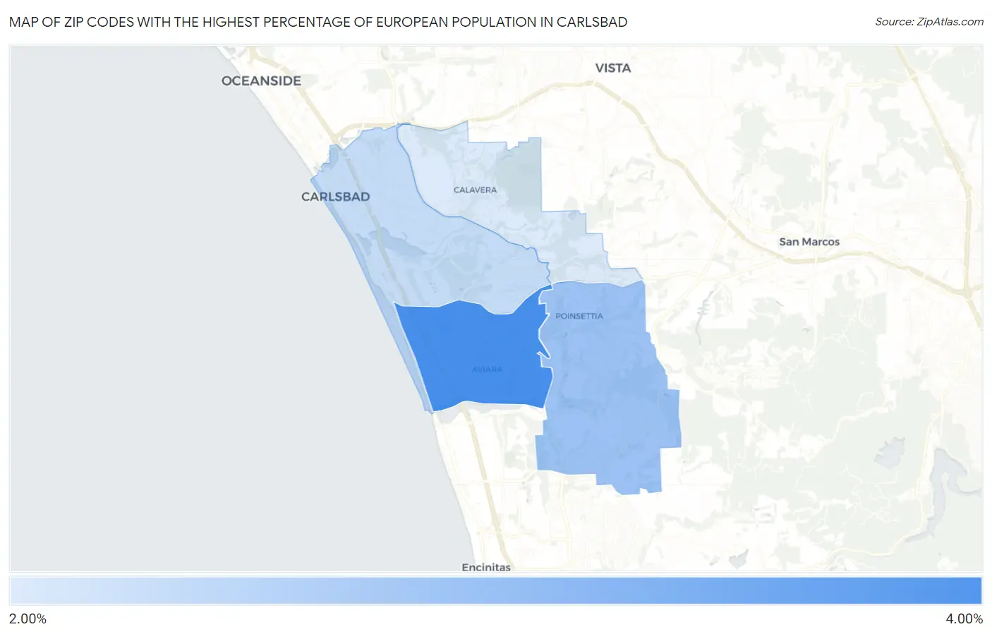 Zip Codes with the Highest Percentage of European Population in Carlsbad Map