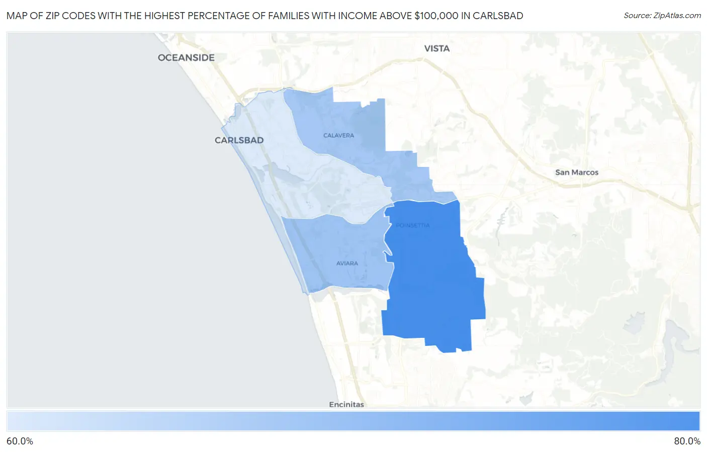 Zip Codes with the Highest Percentage of Families with Income Above $100,000 in Carlsbad Map