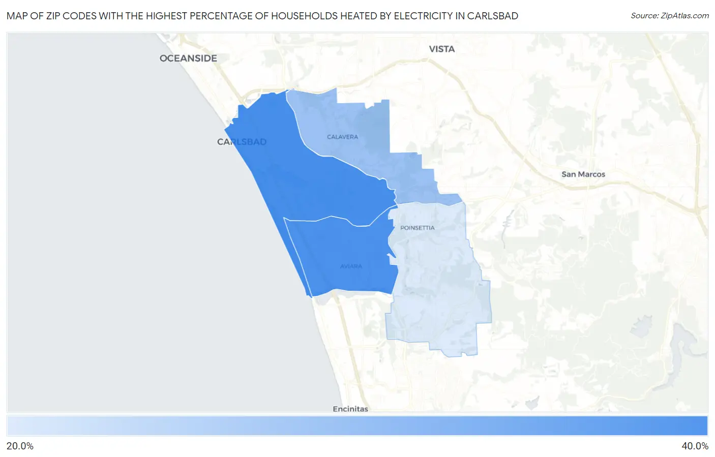 Zip Codes with the Highest Percentage of Households Heated by Electricity in Carlsbad Map