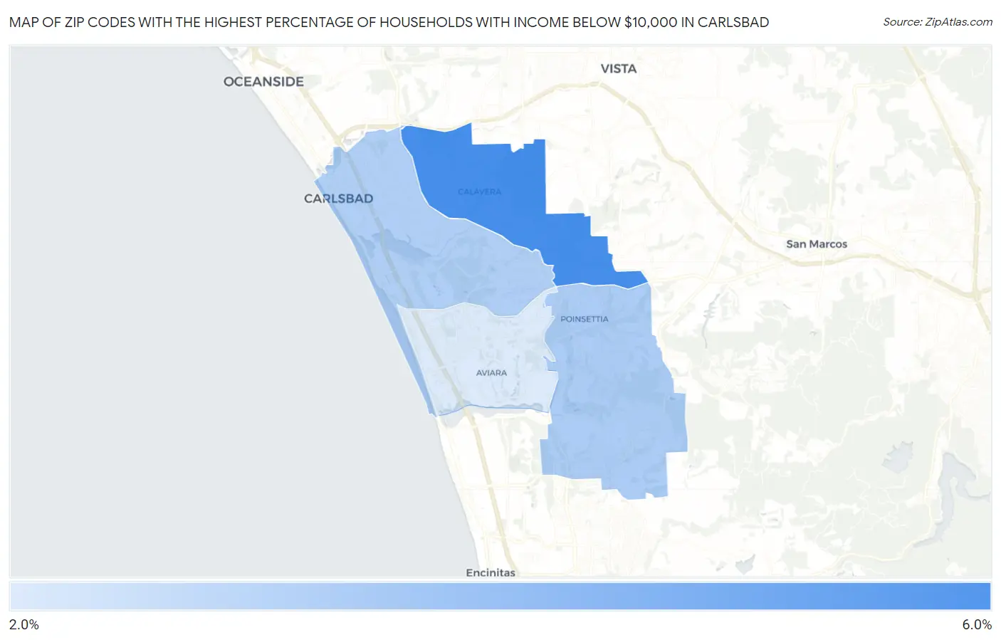 Zip Codes with the Highest Percentage of Households with Income Below $10,000 in Carlsbad Map