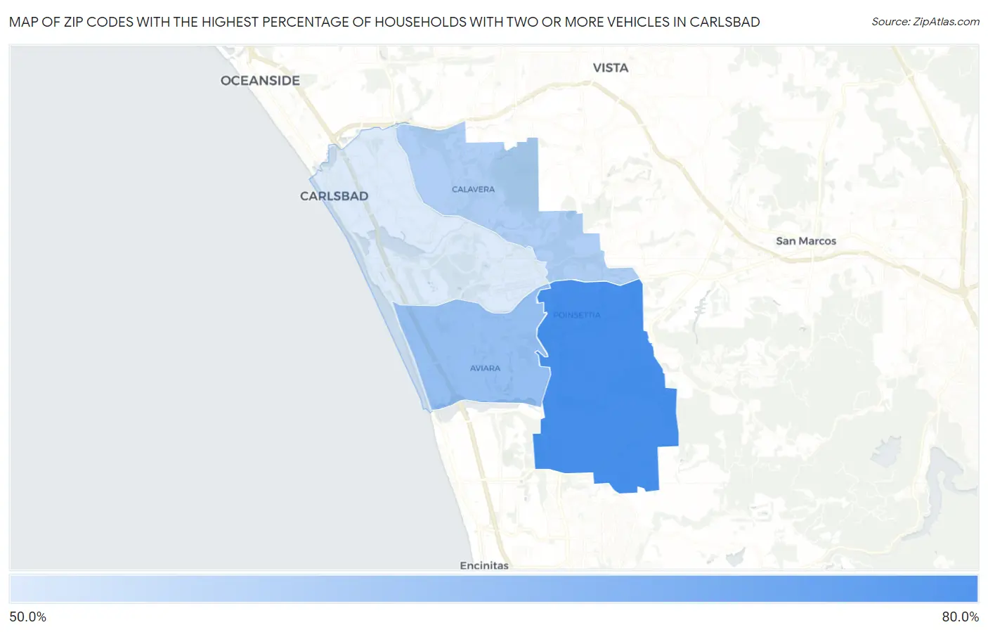 Zip Codes with the Highest Percentage of Households With Two or more Vehicles in Carlsbad Map