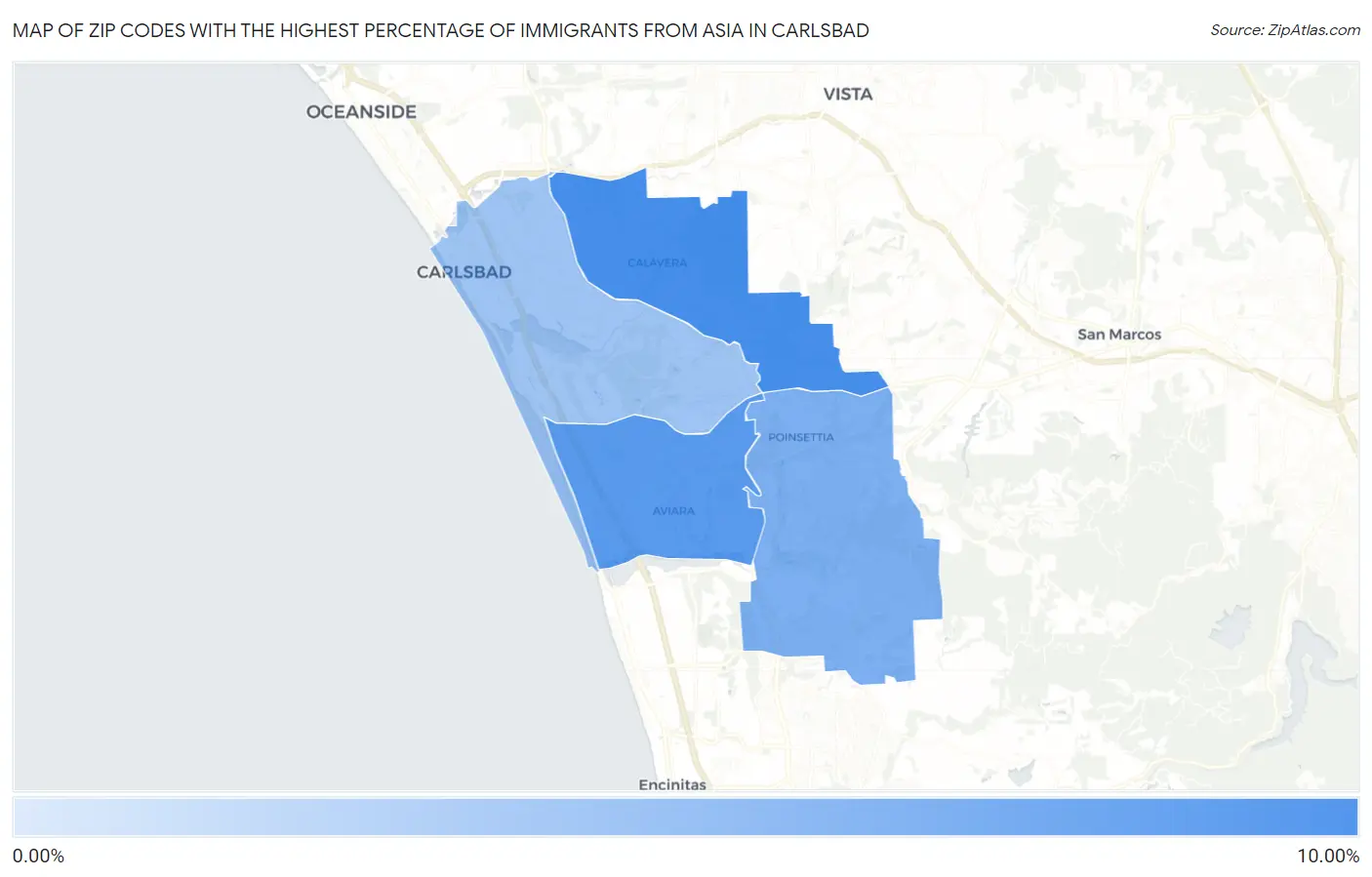 Zip Codes with the Highest Percentage of Immigrants from Asia in Carlsbad Map