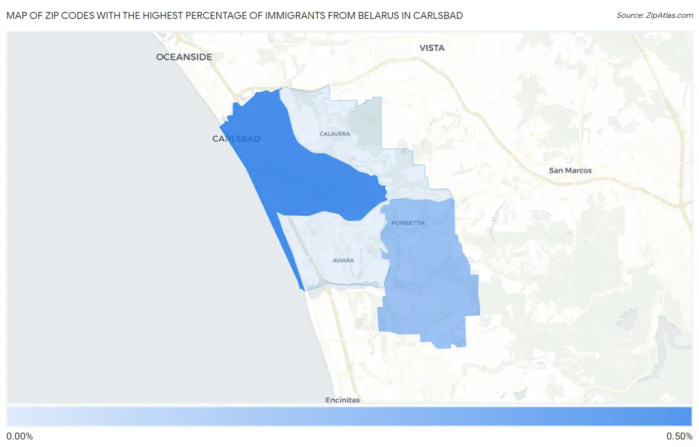 Zip Codes with the Highest Percentage of Immigrants from Belarus in Carlsbad Map