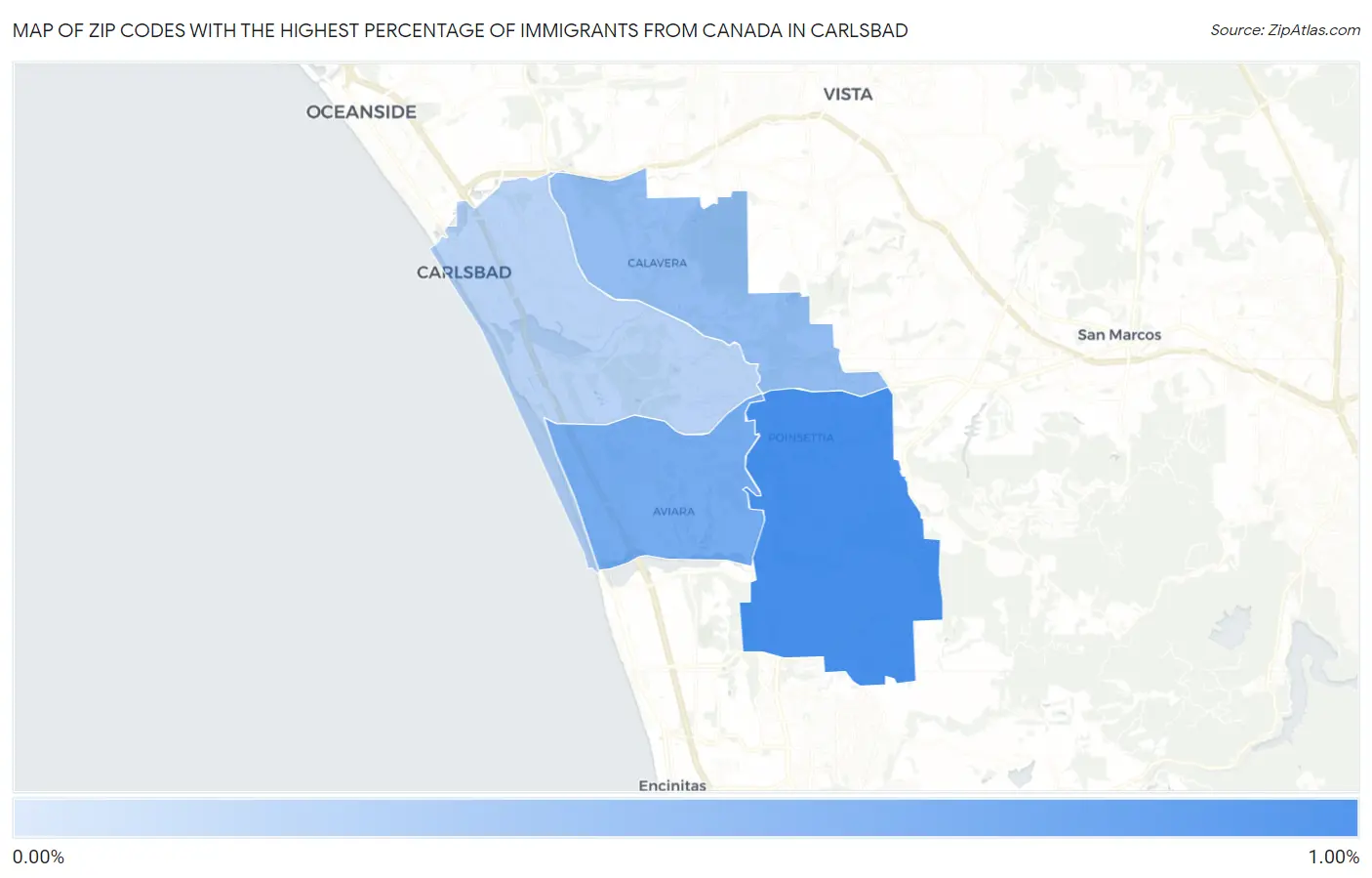 Zip Codes with the Highest Percentage of Immigrants from Canada in Carlsbad Map