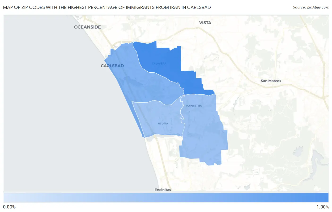 Zip Codes with the Highest Percentage of Immigrants from Iran in Carlsbad Map